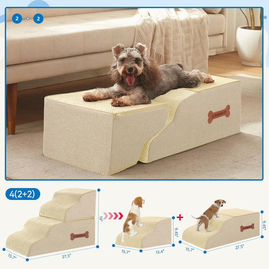 Dog Stairs 4 Steps for Small Dogs and Cats to Get on High Beds, Couch or Car, Pets Can Climb, Sit, Lie Down or Perch to Look Out Windows on The Spliceable Ramp, Provides Support, Beige(19" H)