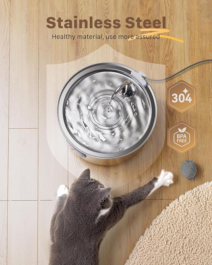 Stainless Steel Pet Water Fountain: 108oz/3.2L Cat Fountains with Led Light - Metal Bowl