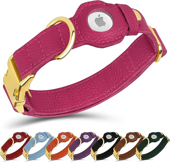 Leather Airtag Dog Collar - Soft Tracking Dog Collar with Apple AirTag Holder and Metal Buckle - Safety GPS Pet Collars for Small Medium Large Dogs Puppy Pink Red (Pink, L, 17"-21" Neck Fit)