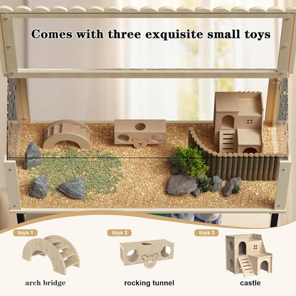 31inch Hamster cage Wooden with Acrylic, Dwarf Hamster cage, Small Animal Habitat with Openable Top, Mouse cage for Guinea Pigs, Chinchillas, Gerbil, Syrian Hamster (31inch with Storage Shelf)