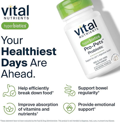 Vital Nutrients Pro Pets Probiotics for Dogs and Cats | Dog Probiotics for Digestive Health, Gut Health, Occasional Diarrhea* | Tasty Meat Flavor | Non-GMO | Hyperbiotics | 60 Micro Tablets