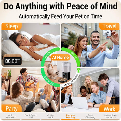 5L Automatic Cat Feeder with Sealed Outlet: 5G WiFi Automatic Dog Feeder with APP Control, Auto Cat Food Dispenser with Voice Recording for Pets, Detachable for Easy Clean - 21 Cup