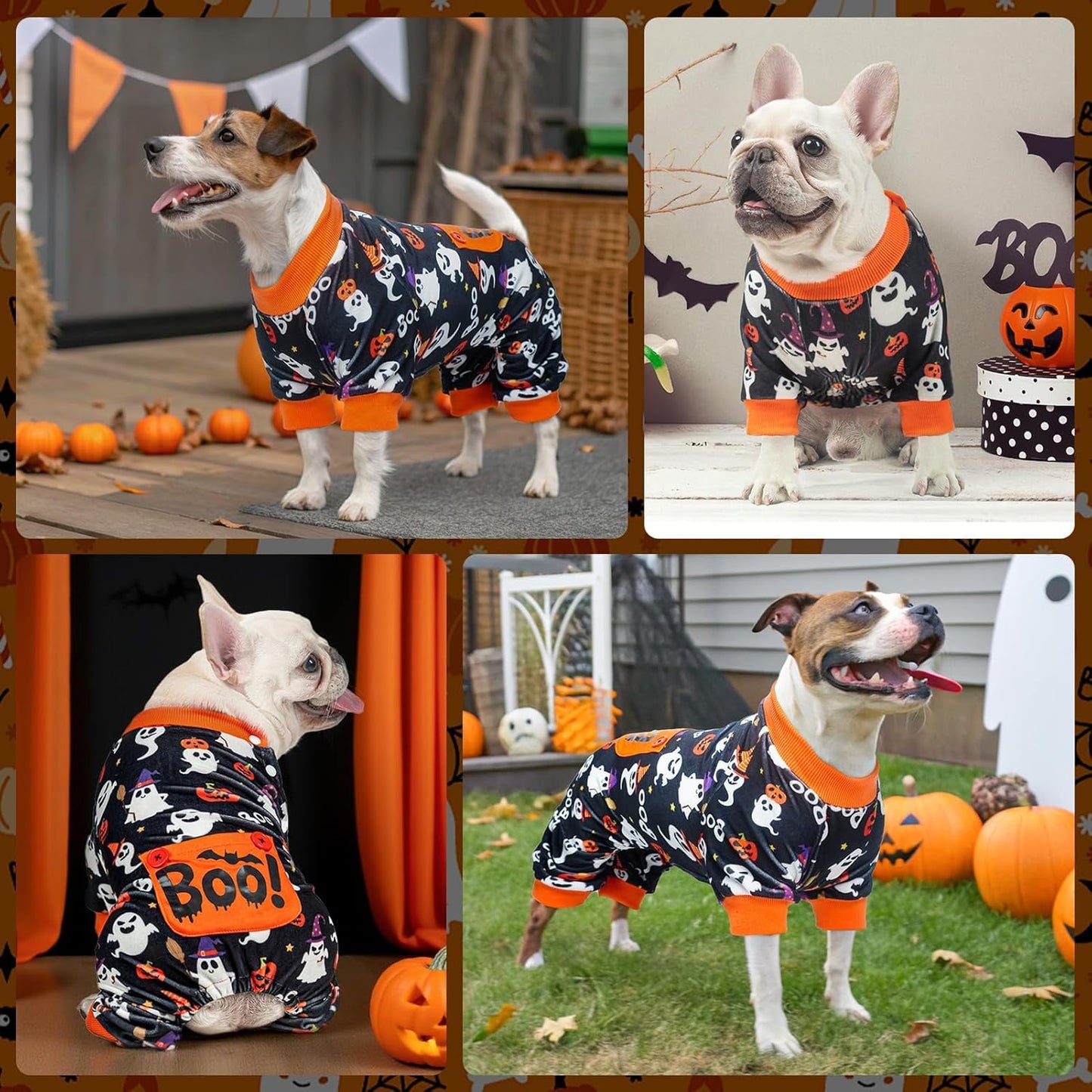 BEAUTYZOO Dog Halloween Pajamas Medium Size Dog, Fleece Funny Ghost Pumpkin Costumes for Dogs, Soft Stretchable Doggy Onesie with Feet, Pet Apparel Clothes for Medium Dogs Boy Girl, Black M