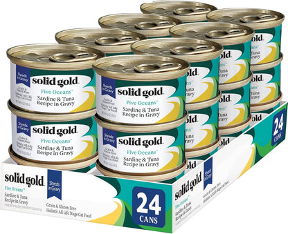 Solid Gold Wet Cat Food Shreds in Gravy - Healthy Canned Cat Food Made w/Real Tuna, Sardine, Vitamins, Minerals & Taurine - Grain Free & Gluten Free Canned Meals for Cats & Kittens - 24ct/3oz Can
