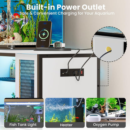 EAG 55-75 Gallon Fish Tank Stand with Power Outlets & LED Light, Heavy Duty Aquarium Stand with Adjustable Shelves, Turtle Reptile Terrarium Tank Stand with Cabinet, 1250LBS Capacity, White