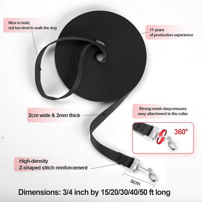 Dog/Puppy Obedience Recall Training Agility Lead -15ft 20ft 30ft 40ft 50ft Training Leash - Great for Play, Camping, or Backyard - Black 50ft