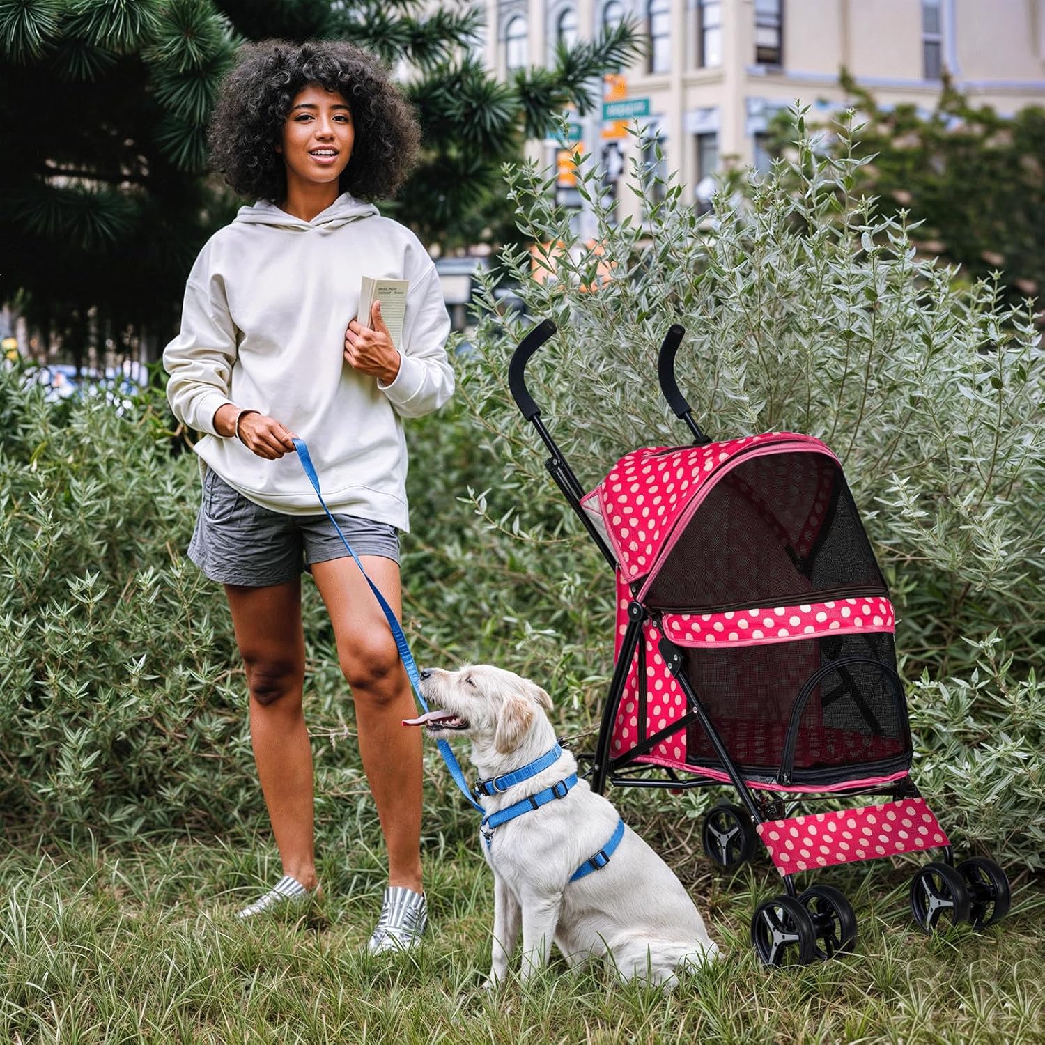 MoNiBloom 4 Wheels Pet Stroller, Easy-Fold Umbrella Shaped Dog Cat Jogger Stroller w/Storage Bag & Visible Mesh for Small/Medium Dogs Cats Hot Pink Polka Dots - Pawvie