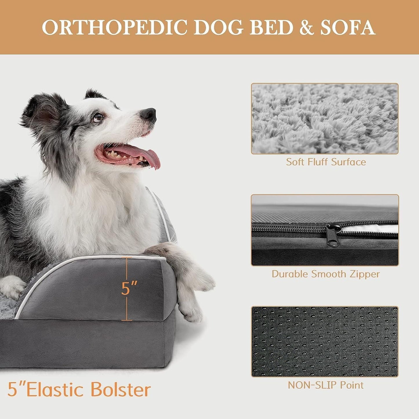 Comfort Expression Jumbo Dog Bed for Extra Large Dogs, Waterproof Orthopedic Dog Bed, Large Breed Dogs Beds, PV Washable Sofa Beds with Removable Cover & Non-Slip Bottom(Jumbo,Grey)