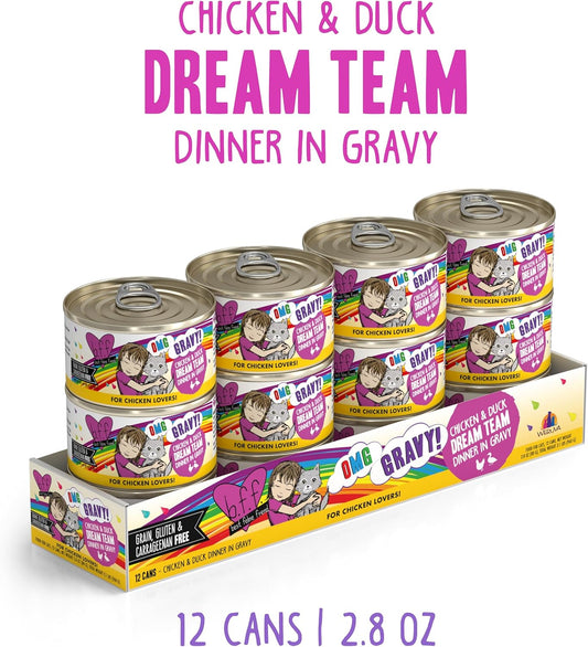 Weruva B.F.F. OMG - Best Feline Friend Oh My Gravy!, Chicken & Duck Dream Team with Chicken & Duck in Gravy, 2.8oz Can (Pack of 12)