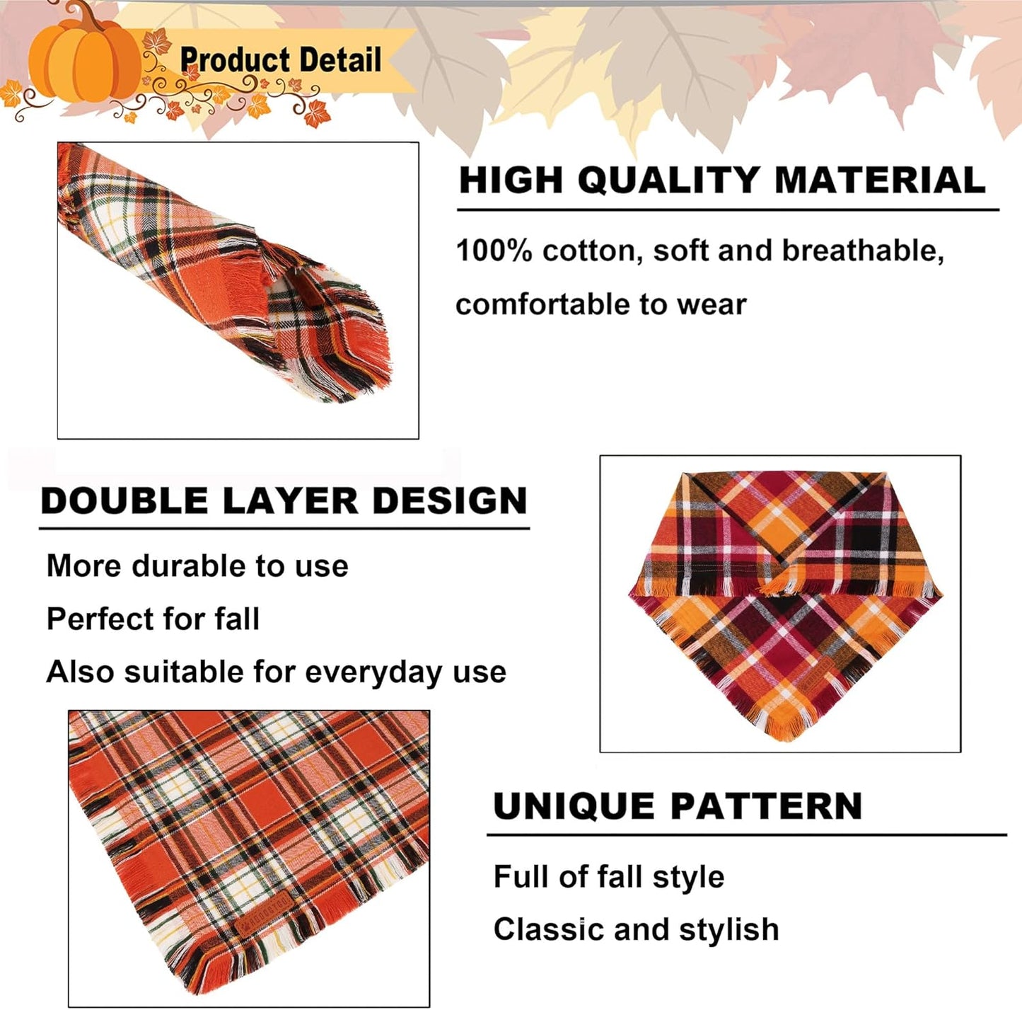 ADOGGYGO Fall Dog Bandana with Tassels Edges, Stylish Orange Plaid Pet Scarf, Multiple Size, Thanksgiving Halloween Fall Bandanas for Medium Large Dogs (Large)