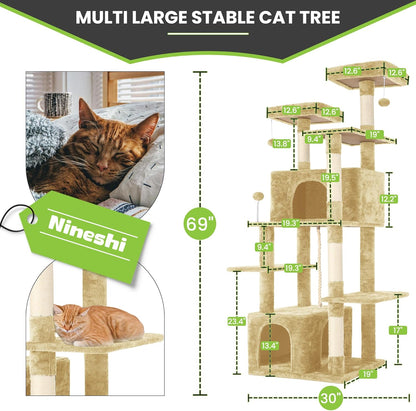 69in Large Cat Tree Tower for Indoor Cats with Soft Plush Hang Ball, Two Condos, Sisal Scratch Posts & Rope Play for Kittens/Adult Cats, Beige