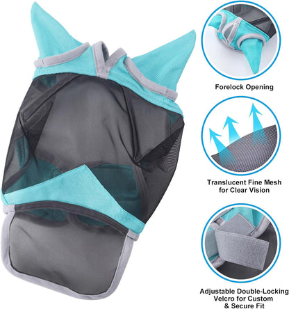 Horse Fly Mask with Ears & Long Nose Cover | Forelock Opening for Tangle-Free Mane Care | UV Protection & Breathable Mesh | No Rub Fit and Enhanced Visbility for Trail Riding Turquoise Pony