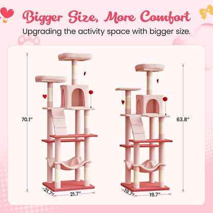 MWPO Cute Cat Tree, 70.1-Inch Tall Pink Cat Tower for Indoor Cats Large Adult, Multi-Level Cat Condo with 5 Scratching Posts, 2 Padded Perches, Hammock, Dangling Toys