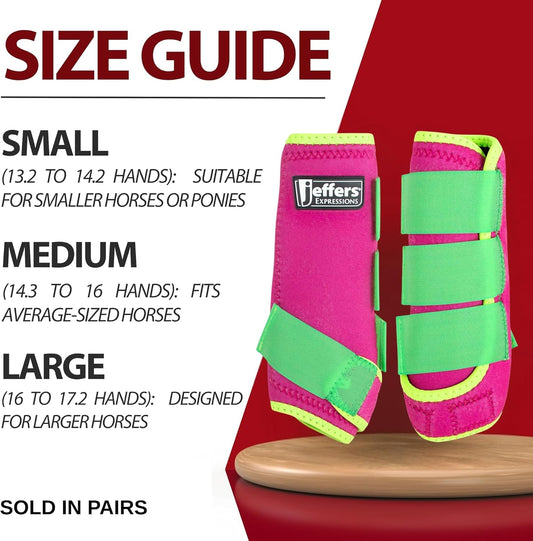 Jeffers Expression Neon Horse Boots 1 Pair – Pink & Lime, Breathable Neoprene with Secure Strap Closures, Durable Premium Protection for Jump Training & Trail Riding – Front & Hind, Medium Size