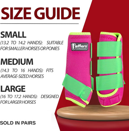 Jeffers Expression Neon Horse Boots 1 Pair – Pink & Lime, Breathable Neoprene with Secure Strap Closures, Durable Premium Protection for Jump Training & Trail Riding – Front & Hind, Medium Size