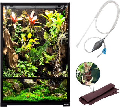 REPTIZOO 67 Gallon Large Reptile Terrarium 24"x18"x 36" Glass Paludarium Tank, Tall Reptile Enclosure Habitat with 10” Deep Base, Siphon Gravel Cleaner Set and Plants Growing Cotton Mat Included - Pawvie