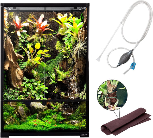 REPTIZOO 67 Gallon Large Reptile Terrarium 24"x18"x 36" Glass Paludarium Tank, Tall Reptile Enclosure Habitat with 10” Deep Base, Siphon Gravel Cleaner Set and Plants Growing Cotton Mat Included - Pawvie