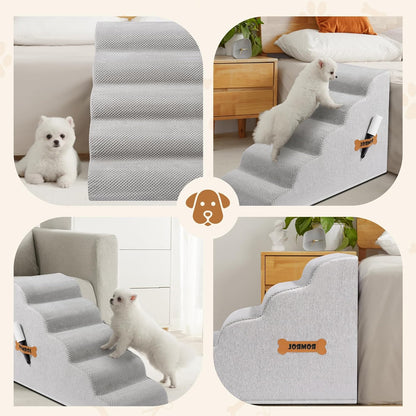 Dog Stairs, Romrol Dog Steps Ramp for High Bed and Couch, Dogs Ramp with Durable Non-Slip Waterproof Fabric Cover, Pet Stairs for Small Dogs and Cats or Pets Joints, 4-TiersLight Grey - Pawvie