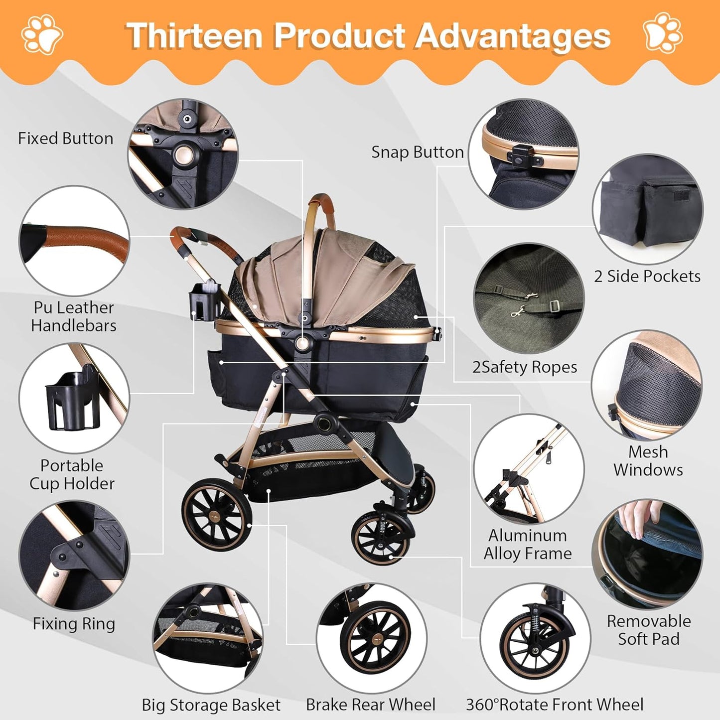 Dog Stroller for Small Medium Dogs, 3 in 1 Folding Pet Stroller Up to 33 lbs, 4 Wheels Pet Strolling Cart with Zipperless Entry, Cat Dog Travel Carrier with Cup Holder & Storage Basket - Pawvie