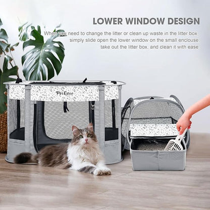 Portable Cat Playpen with Litter Box, Cat Enclosure for Camping, Cat Recovery Playpen After Surgery, Foldable Indoor Outdoor Pet Tent for Cats Rabbits Puppies (Light Gray)