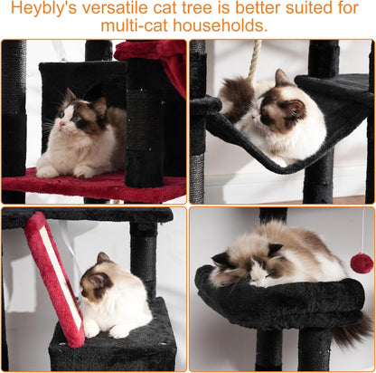 Heybly Cat Tree, 68 inch Multi-Level Cat Tower for Indoor Cats, 2 Widened Plush Perches Cat Condo with Scratching Board and Big Caves, Black and Red HCT025BR
