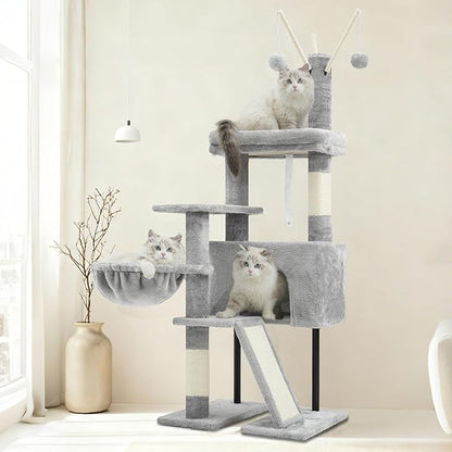 Cat Tree for Indoor Cats, Cat Tower with Scratching Post for Small Cats and Kittens, Cat House with Removable Top Platform and Fluffy Balls, Hanging Cat Basket, Light Gray GCT006SW