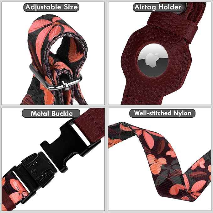 AirTag Dog Collar with Metal Buckle - Printed Nylon Soft Leather Dog Collar with Apple AirTag Holder - Secure Tracking GPS Pet Collars for Girl Boy Small Large Dogs (S, 12"-15" Neck Fit, Crossandra)