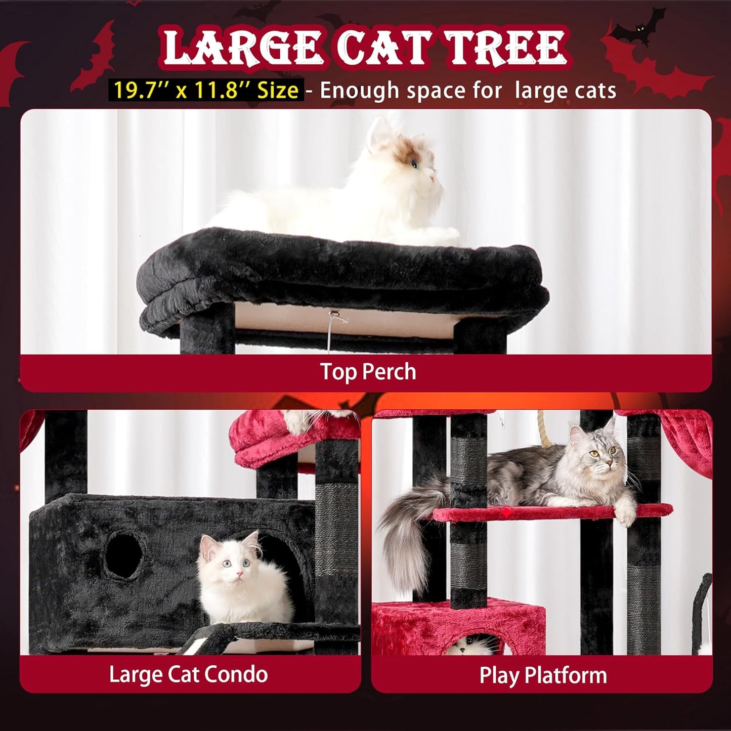Gothic Cat Tree for Large Cats, 78.7"(200cm) Tall Cat Tower for Indoor Cats Multiple Cats with Large Top Perch, Cat Condo, Cat Hammcok, Cat Scratching Post, Black and Red GCT031BR