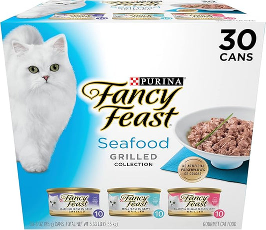 Purina Fancy Feast Grilled Wet Cat Food Seafood Collection in Wet Cat Food Variety Pack - (Pack of 30) 3 oz. Cans
