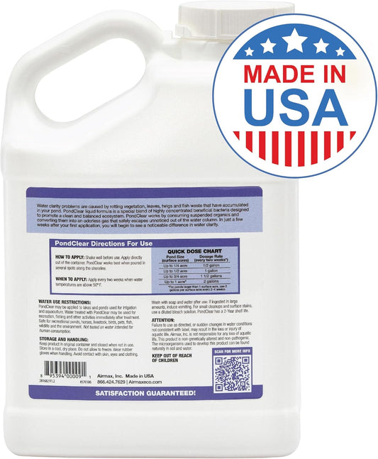 Airmax PondClear Liquid Bacteria for Lakes, Ponds & Water Garden Treatments, Natural Bio Clarifier & Cleaner for Crystal Clear Water, Remove Nutrients & Noxious Odor, Fish, Pet & Plant Safe, 1 Gallon
