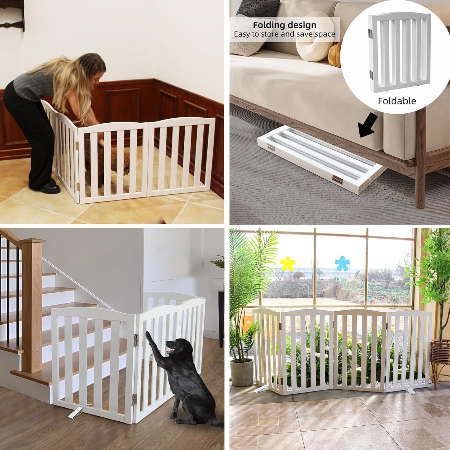 ZJSF Foldable Freestanding Indoor Dog Gate for House Wood White Long Pet Gates Dog Fence for Stairs Puppy Gates for Hallways,Pet Fence, Puppy Gate,Support Feet Included 24 "Height-3 Panels