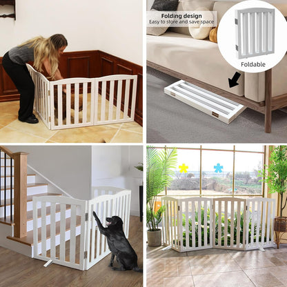 ZJSF Foldable Freestanding Indoor Dog Gate for House Wood White Long Pet Gates Dog Fence for Stairs Puppy Gates for Hallways,Pet Fence, Puppy Gate,Support Feet Included 24 "Height-3 Panels