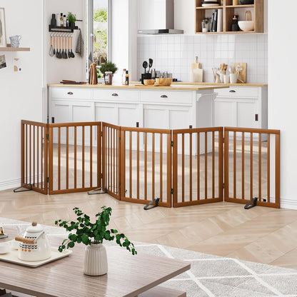 Freestanding Pet Gate Foldable Dog Gate (110 inches Wide) Walnut Bamboo Dog Gates for Stair Doorways House Puppy Fences Indoor (4 Support Feet Included)