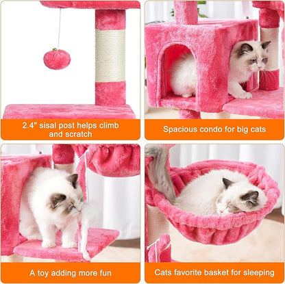 Heybly Cat Tree with Toy, Cat Tower Condo for Indoor Cats, Cat House with Padded Plush Perch, Cozy Hammock and Sisal Scratching Posts, Flamingos HCT004SF