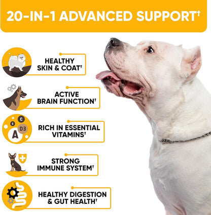 20-in-1 Dog Multivitamin Supplements - Immunity, Digestion, Joint and Heart Health Support - Natural Dog Vitamins with Biotin, Msm, Cranberry, Glucosamine for Dogs - 180 Chews