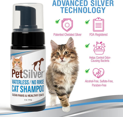 PetSilver Waterless Cat Shampoo - No Rinse Bath & Dry Shampoo for Cats - Long-Haired & Sensitive Skin - Cleans, Conditions & Moisturizes - Hypoallergenic & Fragrance-Free - Patented Formula - 5 fl oz