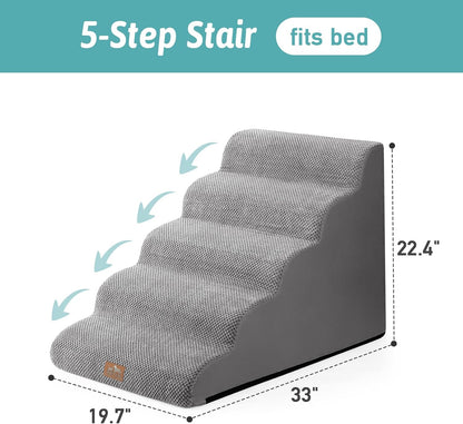 Wide Dog Stairs 19.7" Width, Pet Step for Small/Medium/Large Dog, Puppy or Cat, Pet Ramp for High Bed or Car, High Density Foam Ladder, 19.7x33x22.4 in, Stable, 5 Step, Grey