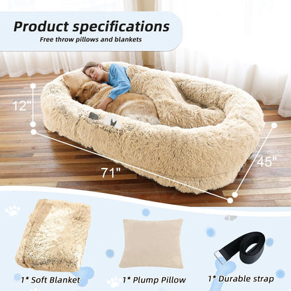 Human Dog Bed, 71''x45''x12'' Size Fits You and Pets, Washable Faux Fur Pet Bed for People Doze Off, Napping Orthopedic Dog Bed, Present Plump Pillow, Blanket, Strap - Beige