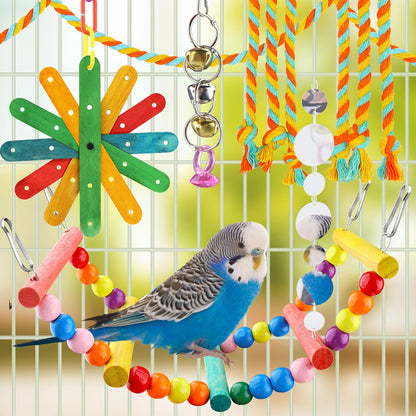 8 pcs Bird Toys for Parakeets with Colorful Ladder Hammock Bird Cage Accessories Bird Perch Stand Chewing Toys Hanging Bell Parrot