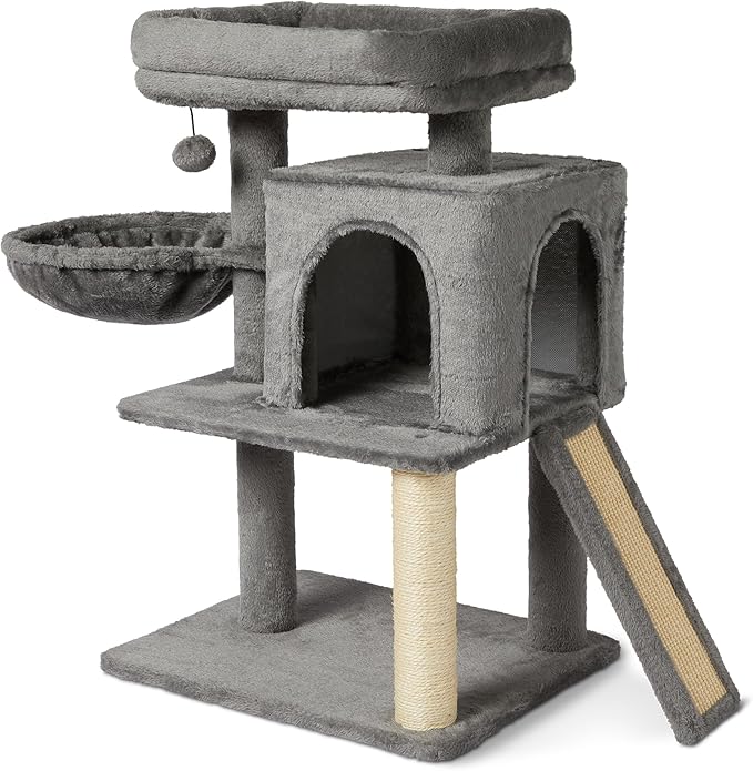 Amazon Basics Indoor Cat & Kittens Multi-Level Climbing Activity Tower with Scratching Posts, 2 Condos, FSC Certified, M - 31.1" (78.9cm) H, Grey