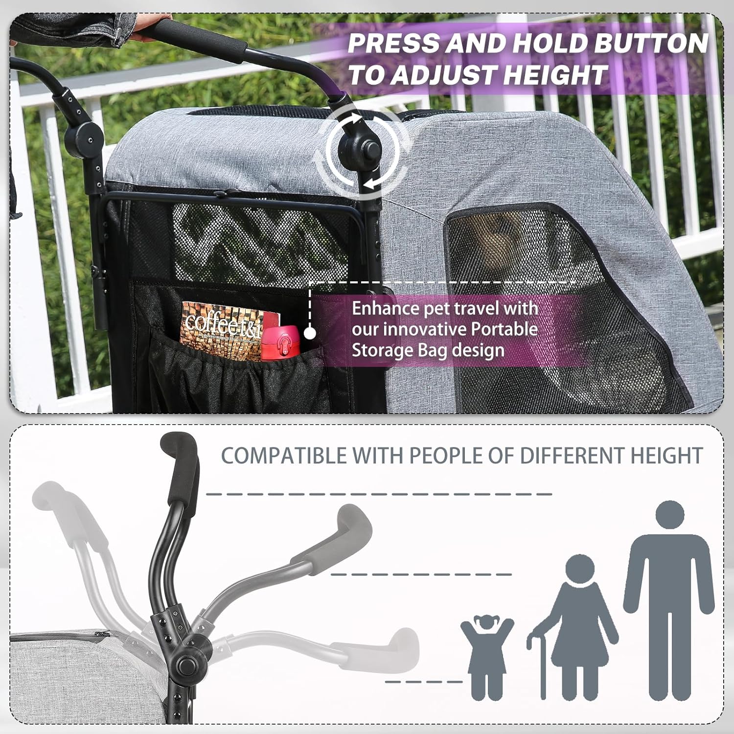 EchoSmile XL Extra Large Dog Stroller - Adjustable Handles,Lightweight Folding Pet Stroller,All-Terrain 4 Wheel for 2 Medium Dogs,Dual Entry Safety Dog Stroller,Capacity 160 lbs,Gray - Pawvie