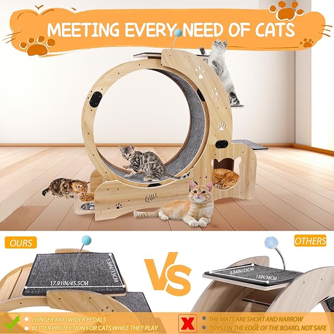 55" cat Wheel，cat Wheels for Indoor Cats，with Cat Bed, Scratching Board, Detachable Mat, Climbing Frame, Nest & Toys,6 in 1 Large Cats Treadmill，for Running/Walking/Training