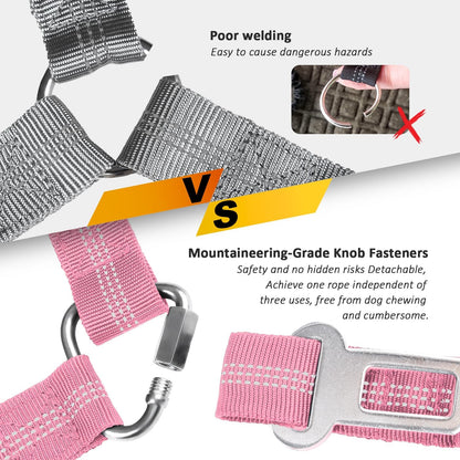 Removable Dog Seat Belt Harness for Car, 3 in 1 Pet Dog Car Seatbelt Leash, Retractable Restraint Secures to Vehicle Headrest & Adjustable Reflective Bungee Dog Seatbelt Tether, Pink