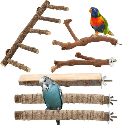 Bird Ladder Perches for Cage, Pole Standing Natural Wood Birds Perch Set, Climbing Chewing Toys, Paw Grinding Fork Parrot Cage Branch with Rope for Macaw Budgie Lovebirds