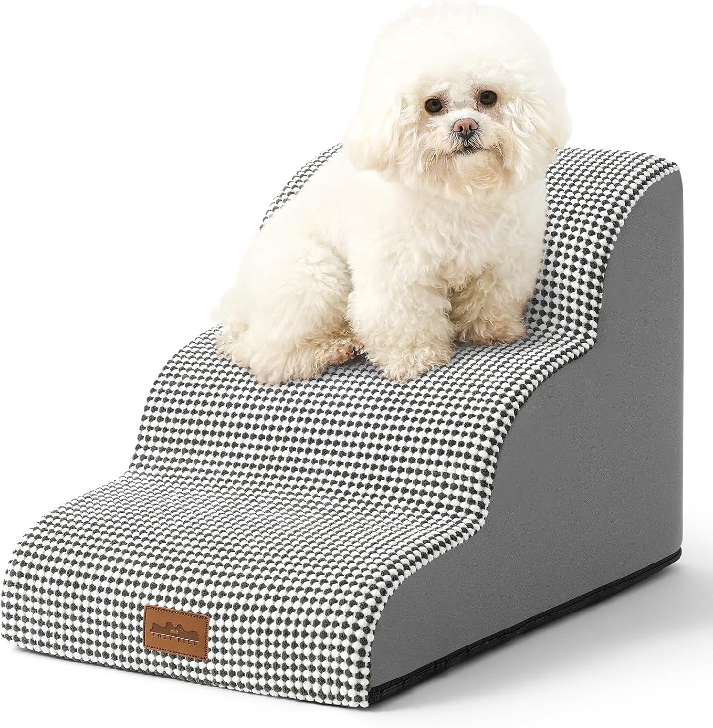 Dog Stairs for Small Dogs 15.7" H, Curved Dog Step for Puppy, Older Cat, Medium Pet Ramp for Sofa, Couch or Chair, Ladder with High Density Foam, 15.7x22.4x15.7 inch, 3 Step, White Black - Pawvie