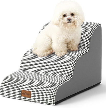 Dog Stairs for Small Dogs 15.7" H, Curved Dog Step for Puppy, Older Cat, Medium Pet Ramp for Sofa, Couch or Chair, Ladder with High Density Foam, 15.7x22.4x15.7 inch, 3 Step, White Black - Pawvie