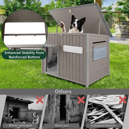 43.3" L Large Outdoor Dog House Weatherproof Doghouse for Medium to Large Dogs with Anti Bite Frames Wooden Dog Kennel with Window,8 Elevated Feet,Reinforced Bottom for Pet Up to 180 LBS
