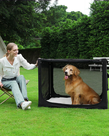42 Inch Collapsible Travel Dog Crate for Medium Large Dogs, Portable Dog Crate 4-Door Foldable Soft Kennel with Durable Mesh Windows for Indoor & Outdoor Travel, with Storage Bag,Black