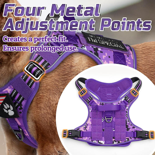 rabbitgoo Tactical Dog Harness for Large Dogs, No Pull Military Service Vest with Handle & Molle, Easy Control for Training Walking, Adjustable Reflective Straps, Purple Camo, XL