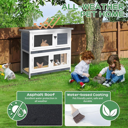 2 Story Solid Wood Rabbit/Bunny Hutch with 2 Large Main Rooms, Indoor Outdoor Rabbit House Guinea Pig Cage Pet House for Small Animals with Ventilation Door Removable Tray Waterproof Roof (Grey)
